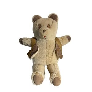 VTG Wood Button Eyes Teddy Bear Plush Toy Sherpa Vest Beige‎ Brown READ